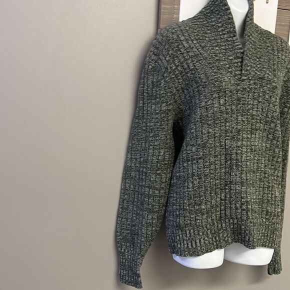 Lambs Wool Blend Heather Green Long Sleeve Cable Knit Cross Cowl Neck Sweater-PL - Picture 5 of 13